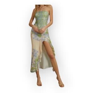 Commense Monet Floral Strapless Split Midi Dress Blue Green Sz L Romantic Garden